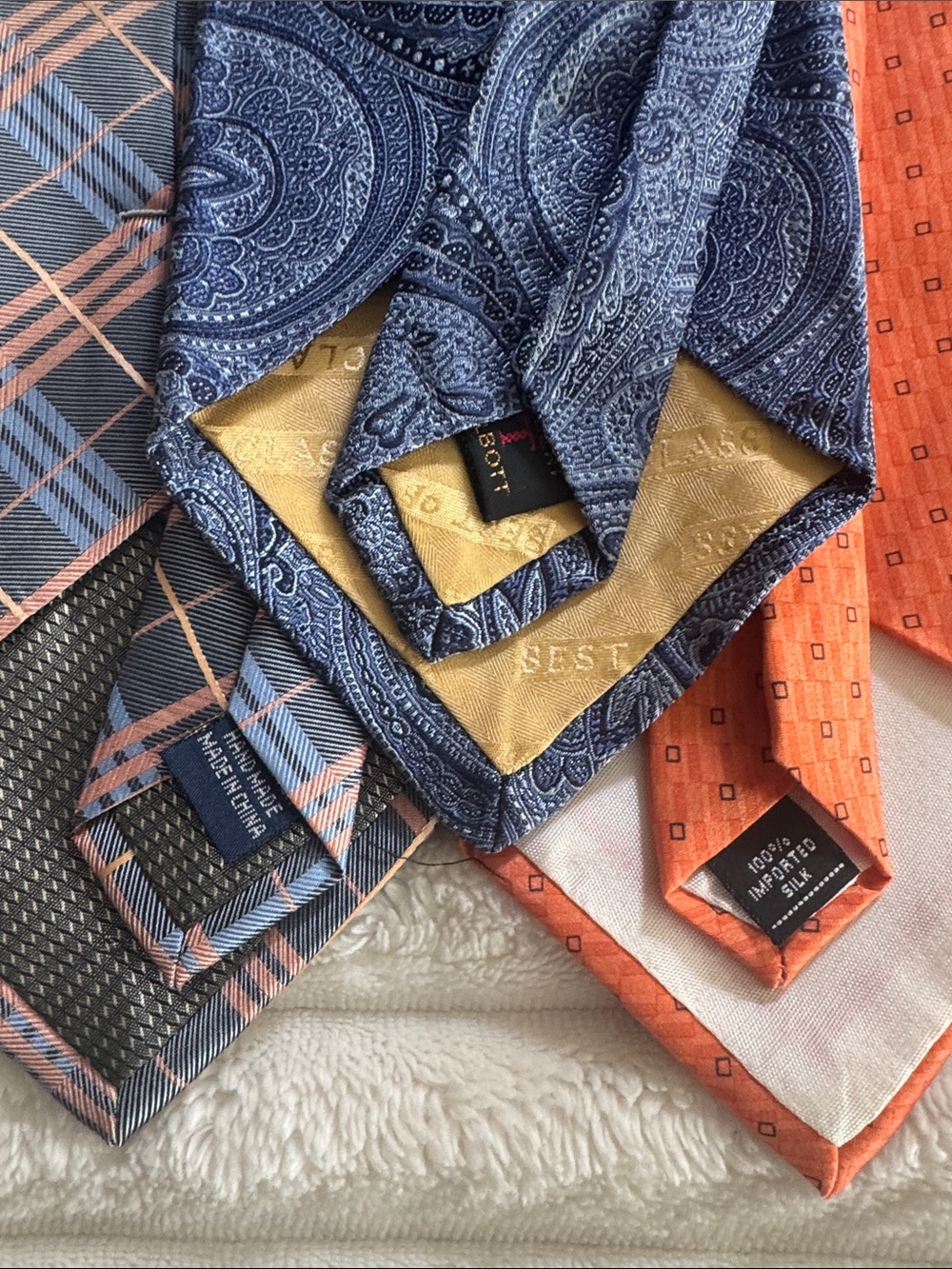 Classic Men's Tie Trio - Blue Plaid, Orange Geometric & Navy Paisley - Picture 8 of 10